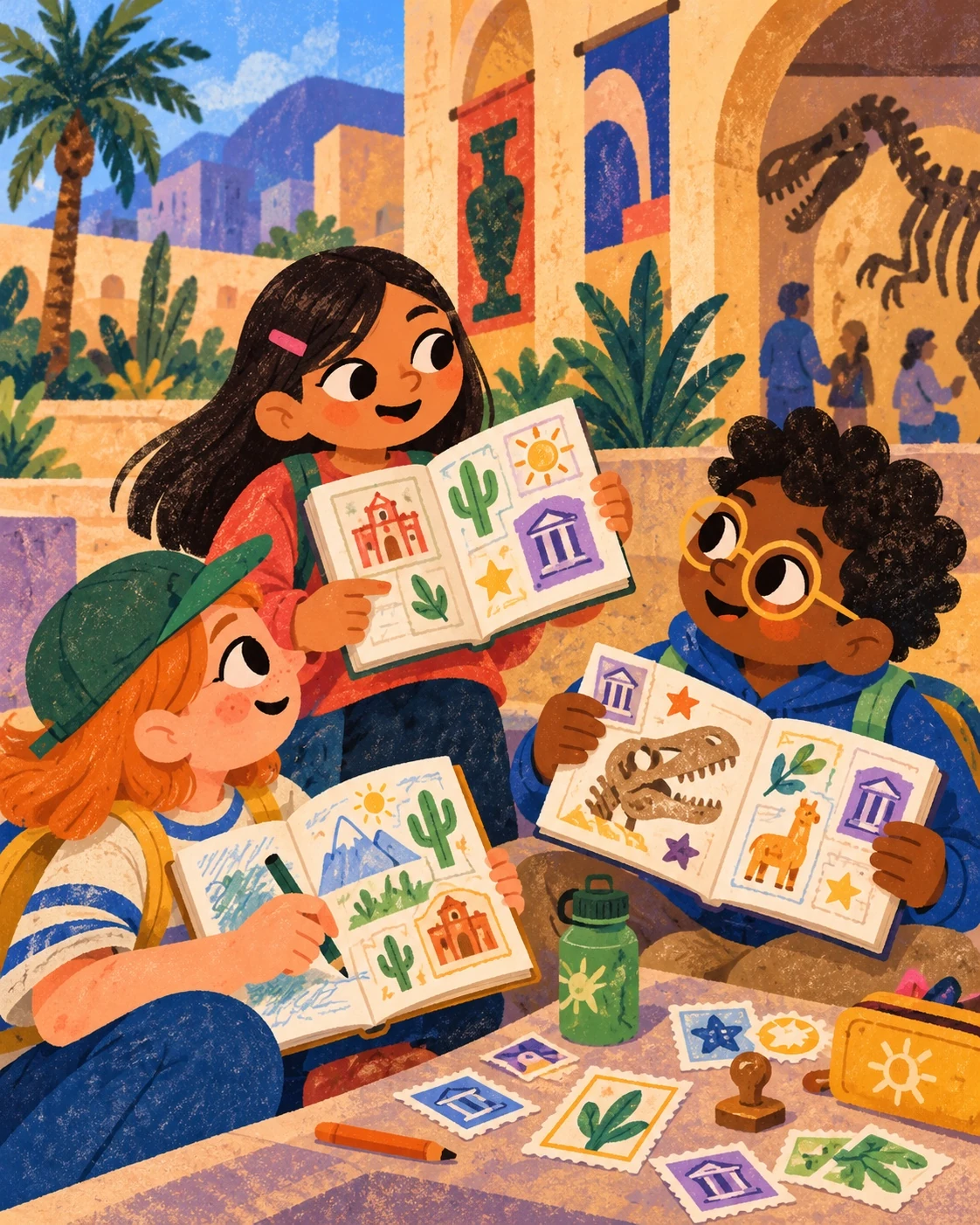 Illustrated young explorers collecting discoveries in their journals